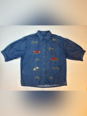 Company One VTG 100% Cotton Denim Cabincore Christmas Cardinals Blouse XL
